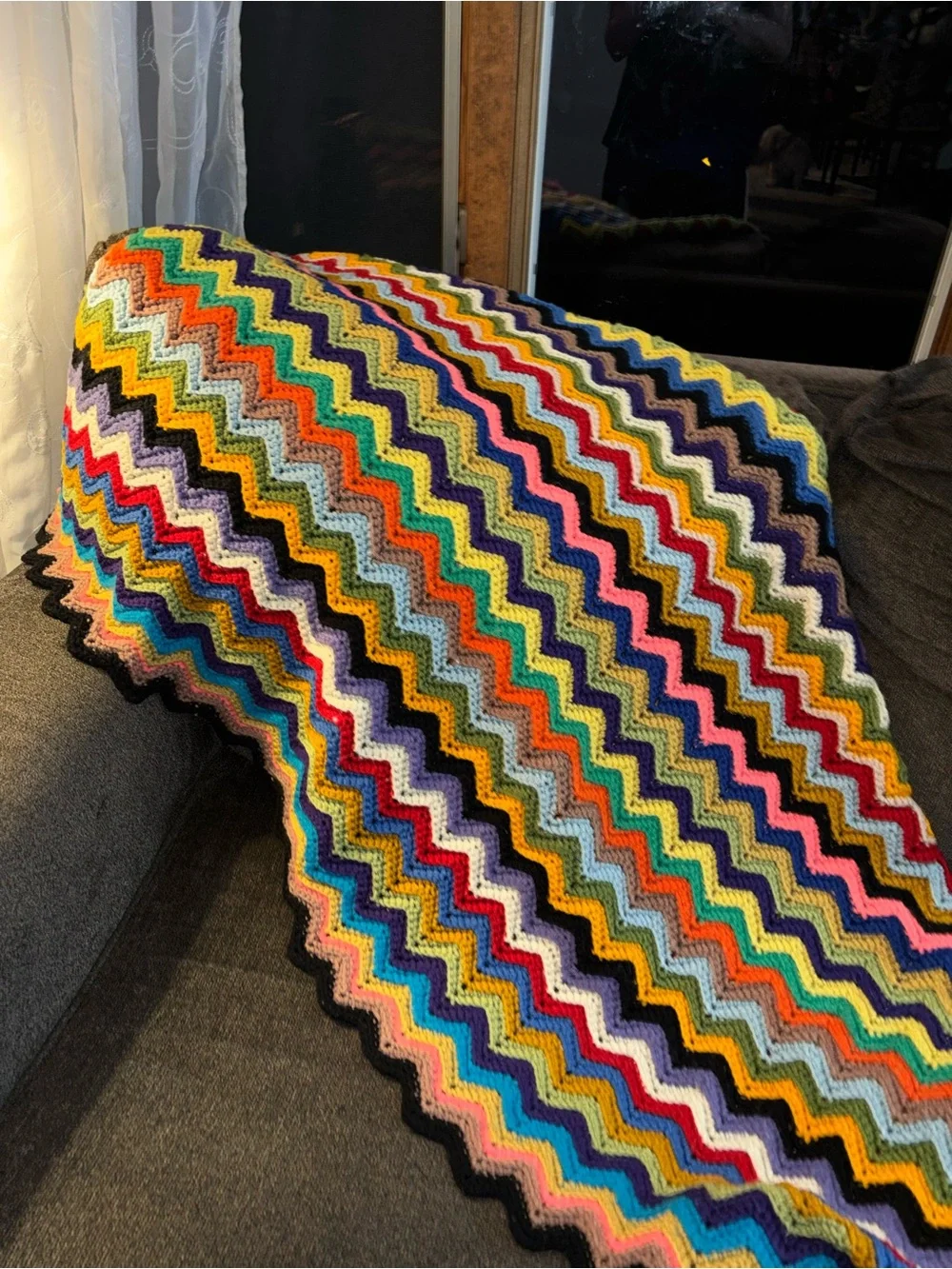 Vintage Hand Crocheted Zigzag Afghan Throw